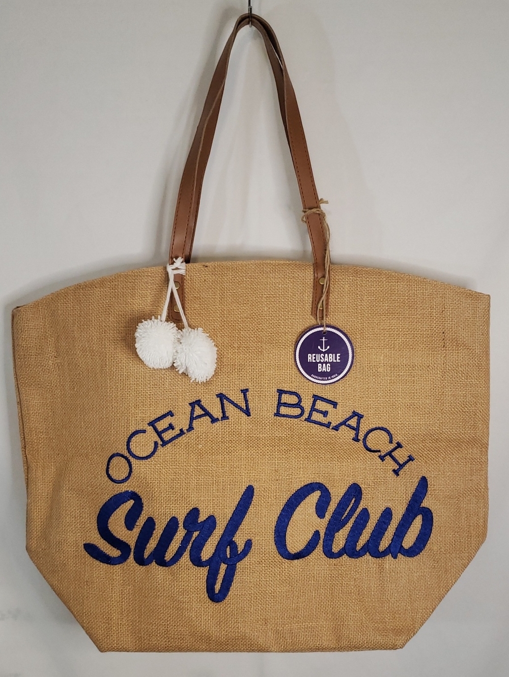 Ocean Beach Surf Club Large Zip Top Jute Tote Bag with Brown Handles